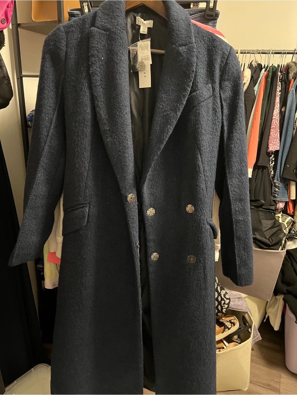 Top-shop Double Breasted Long Belted Navy Coat MSRP $150 - Picture 2 of 6